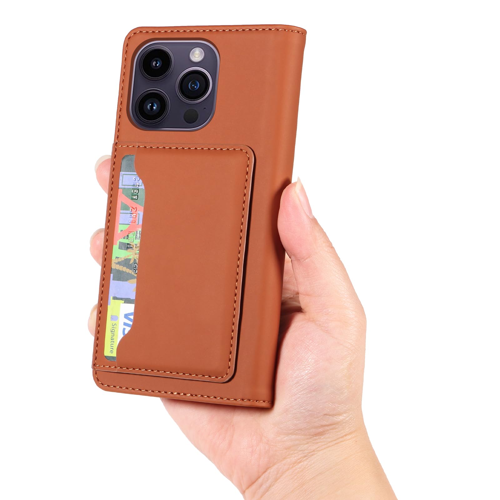 QKD Luxury PU Leather Wallet Case for iPhone 13 Pro Max with Flip Cover, Built-in Kickstand, 3 Card Slots, and Cash/Coin Pocket (Brown)