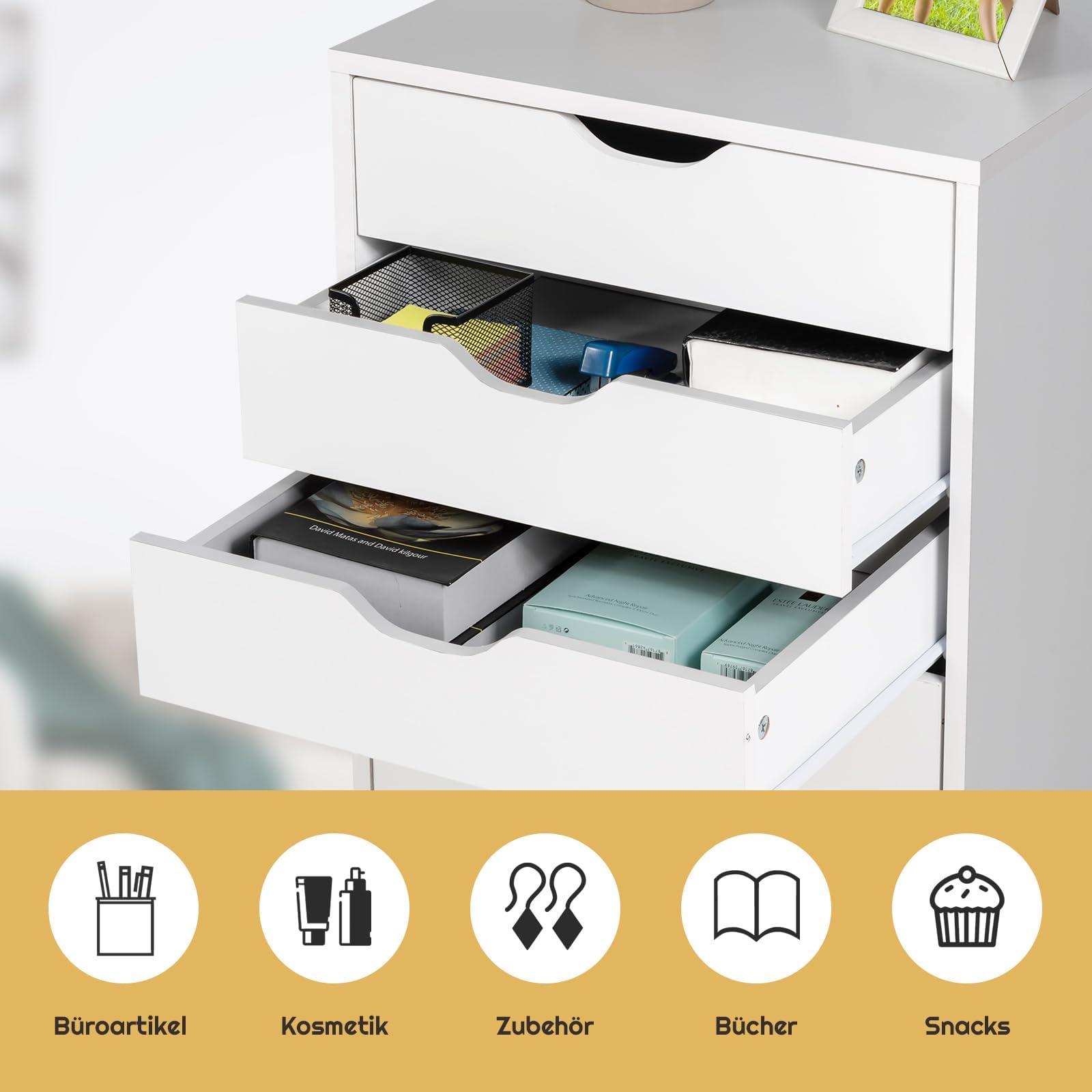 FANTASK Bürocontainer mit Rädern, mobiler Schubladenkommode mit 7 Schubladen, Rollcontainer Schubladenschrank, Aktenschrank Rollwagen, Rollschrank für Zuhause Büro (Weiß)