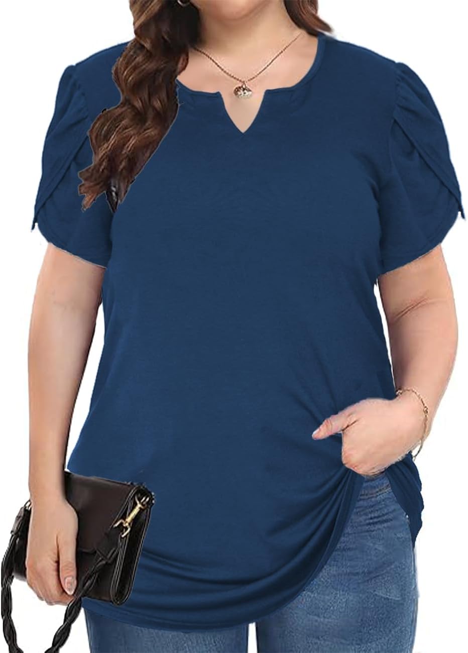 Women Plus Size Tops Dressy Casual Blouses Short Sleeve V Neck Petal Loose Flowy Tops for Casual T-Shirts