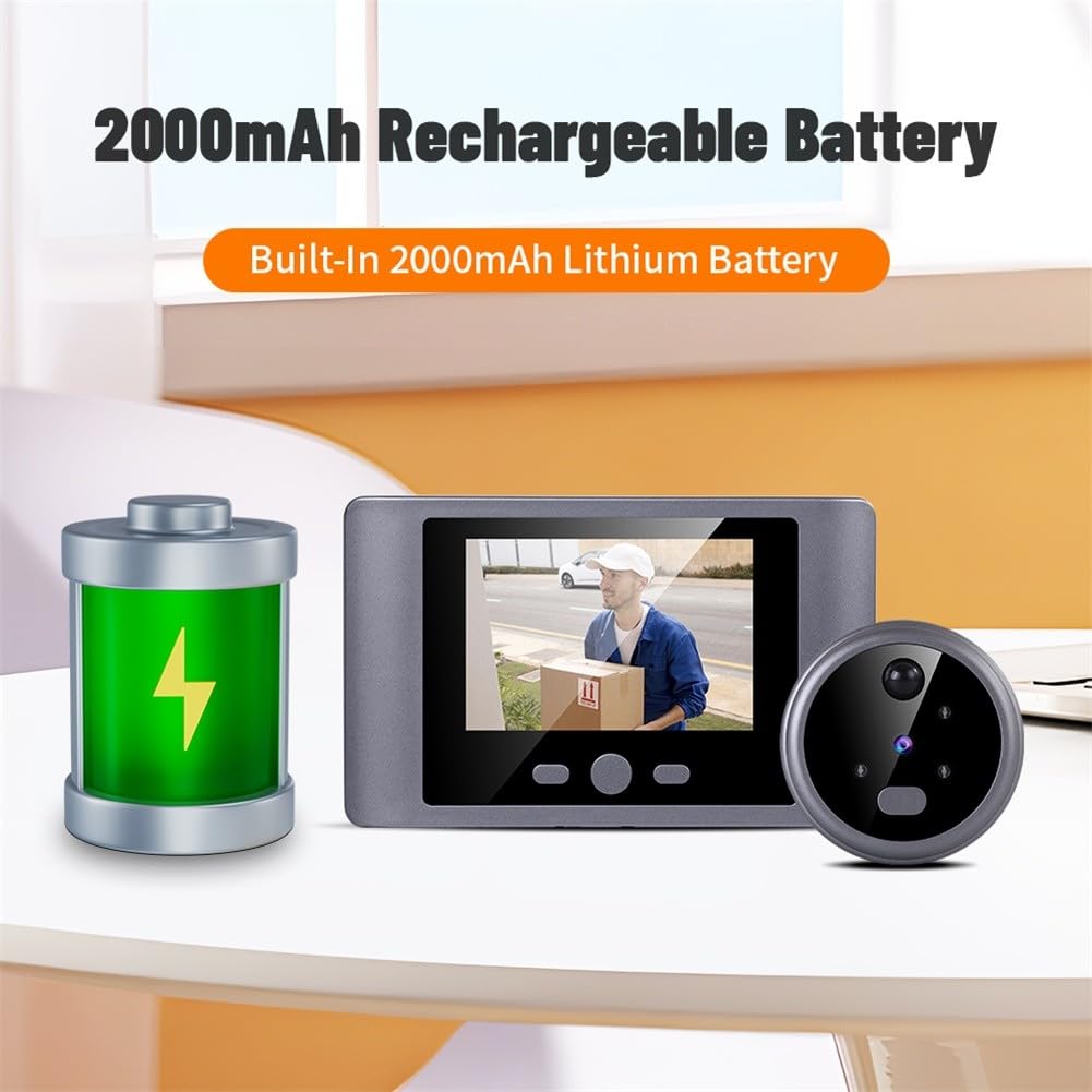 Telecamera intelligente wireless per campanello con schermo HD da 2,8", rilevamento del movimento PIR, visione notturna e ricaricabile tramite USB, 2000 mAh, per serratura spioncino