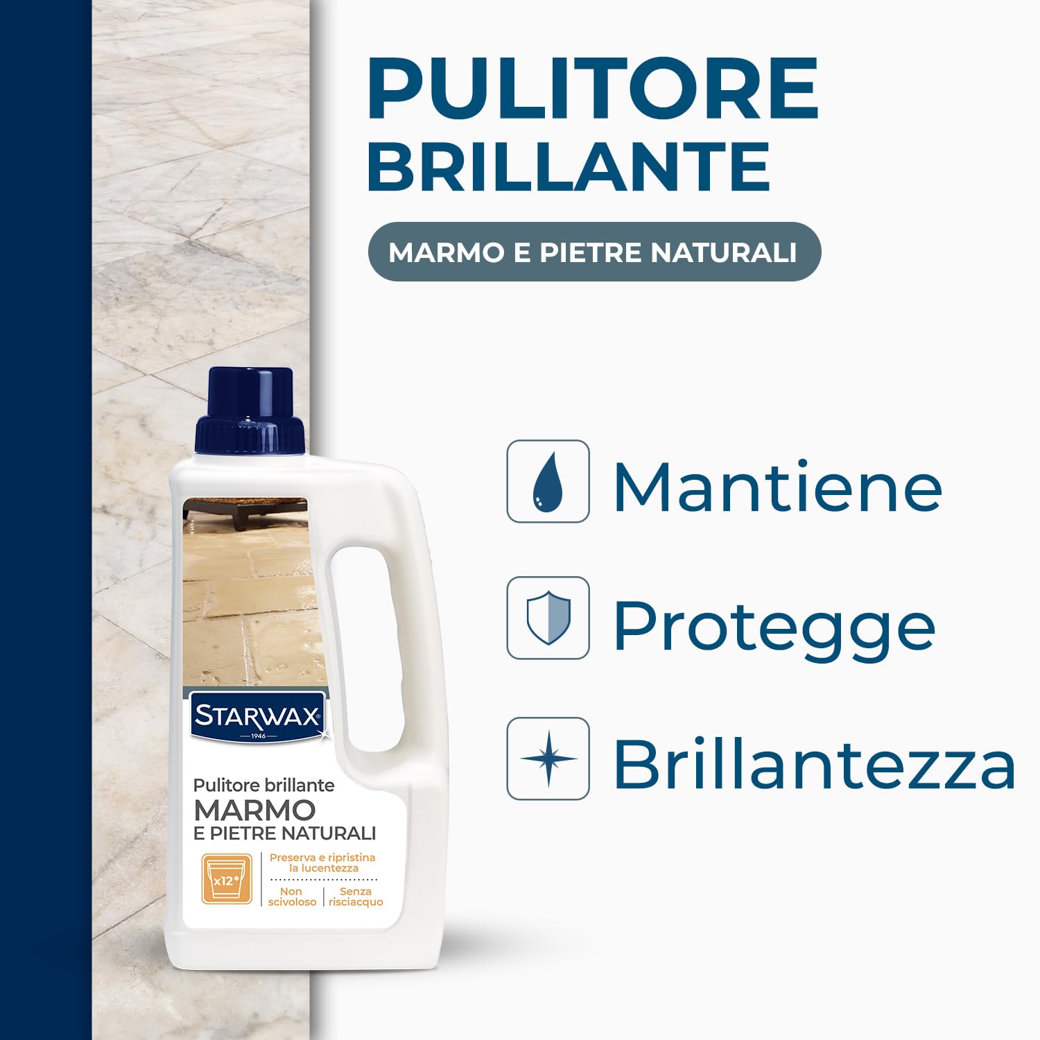 STARWAX - Pulitore brillante per marmo e pietre naturali - Pulisce e ripristina la lucentezza - Senza risciacquo - Non scivoloso - 1L - Fino a 12 operazioni