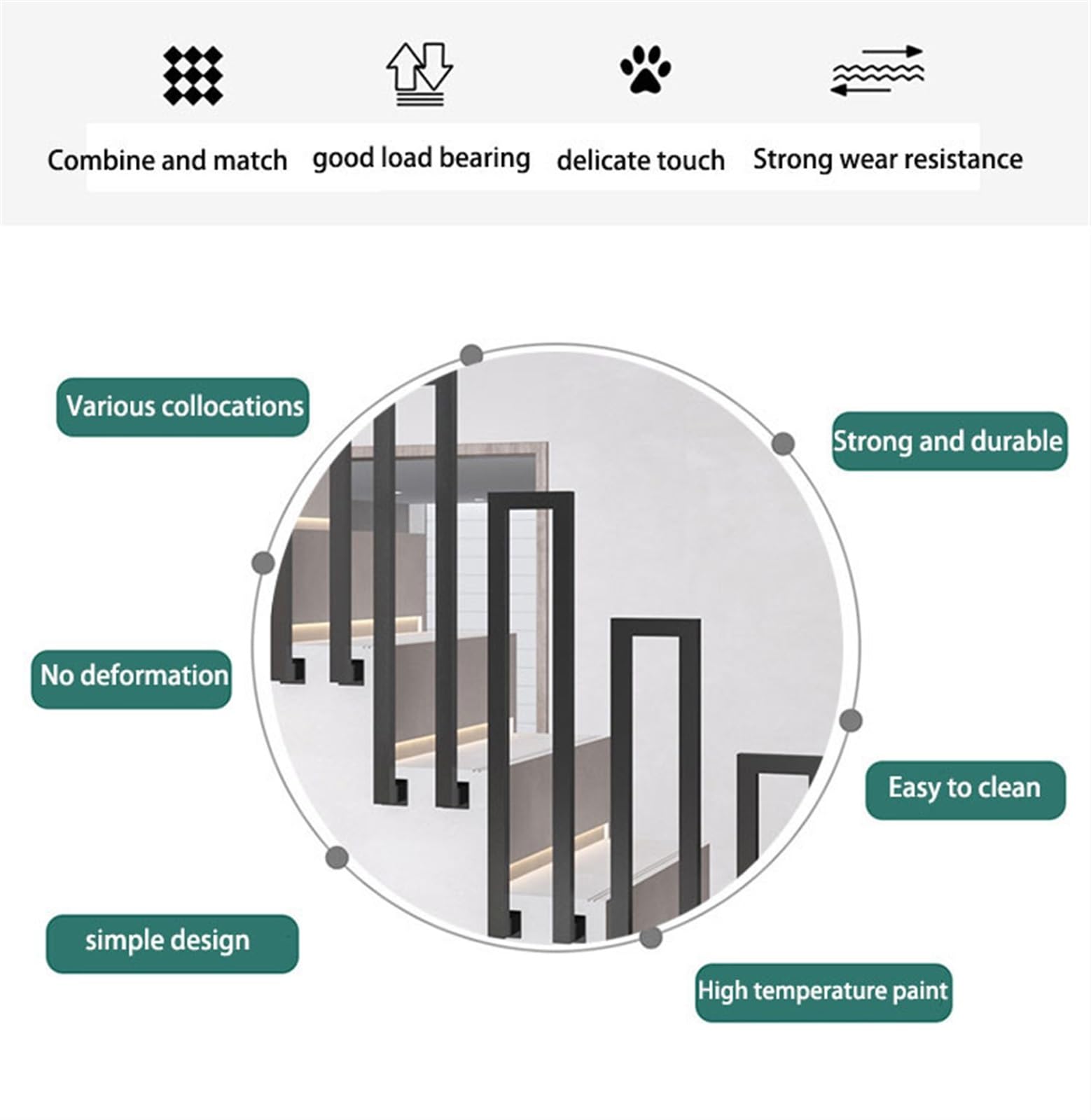 Cartel de hierro forjado negro en forma de U/M para exteriores, resistente, para escaleras, cubiertas, balcones y terrazas, ideal para uso en interiores y exteriores, juego de 4 piezas