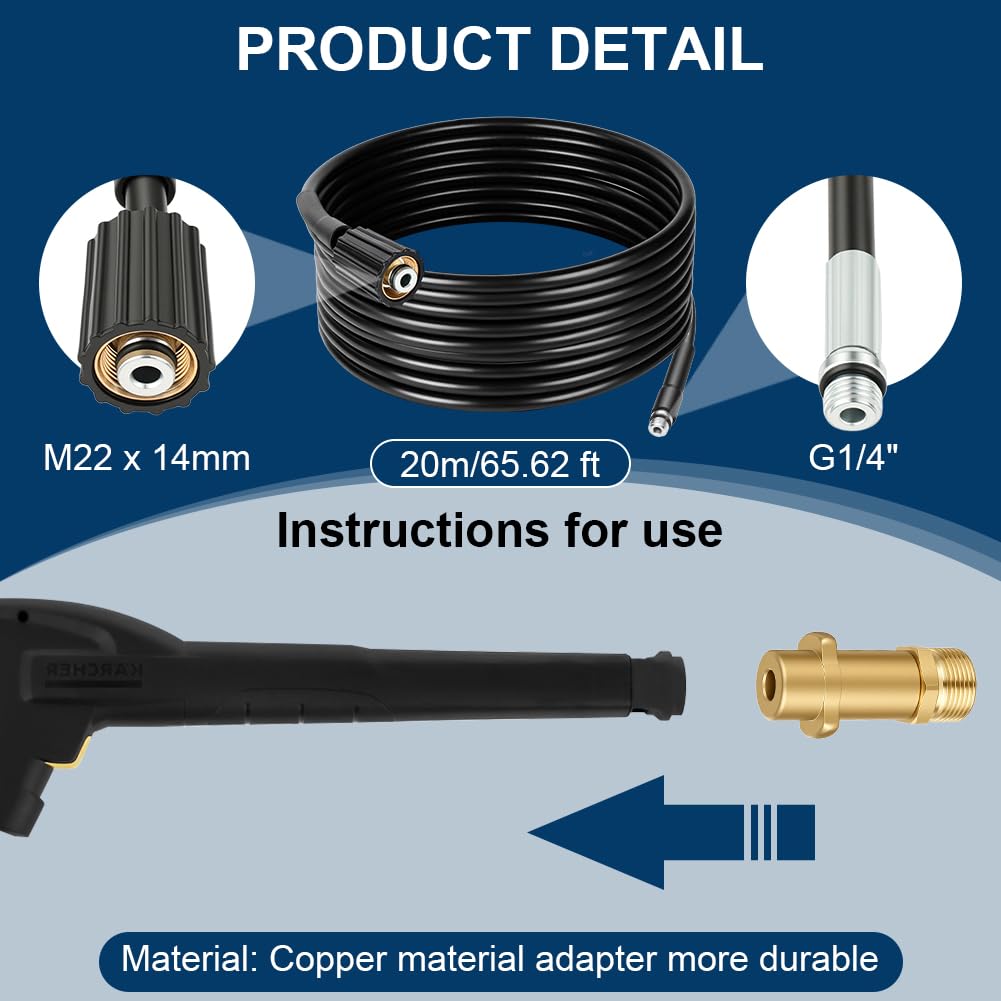 20M Kit Deboucheur Haute Pression, Kit de Tuyau de Nettoyage De Canalisation avec Buse Nettoyeur Haute Pression à Jet, Rotative et Adaptateurs, Compatible avec Karcher K2/K3/K4/K5/K6/K7