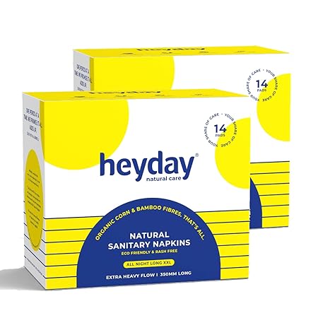 Heyday Rash Free Organic & Natural All Night Long Sanitary Pads for Normal-Sensitive Skin | Extra Heavy Flow Sanitary Napkins | Biodegradable & Eco-friendly | Quick Absorb & Super Soft | Leak Proof & Full Coverage with Wings (28 Pcs, XXL)