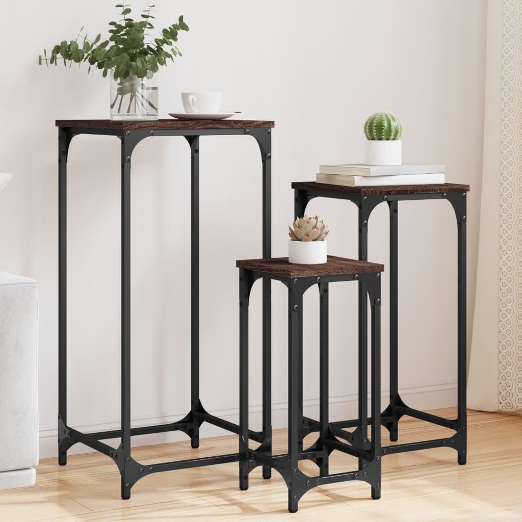 SXZenSpace Nesting Side Tables 3 pcs Brown Oak, 37 x 80 cm Industrial Coffee Sofa Bedside Table Set for Living Room Bedroom Hallway