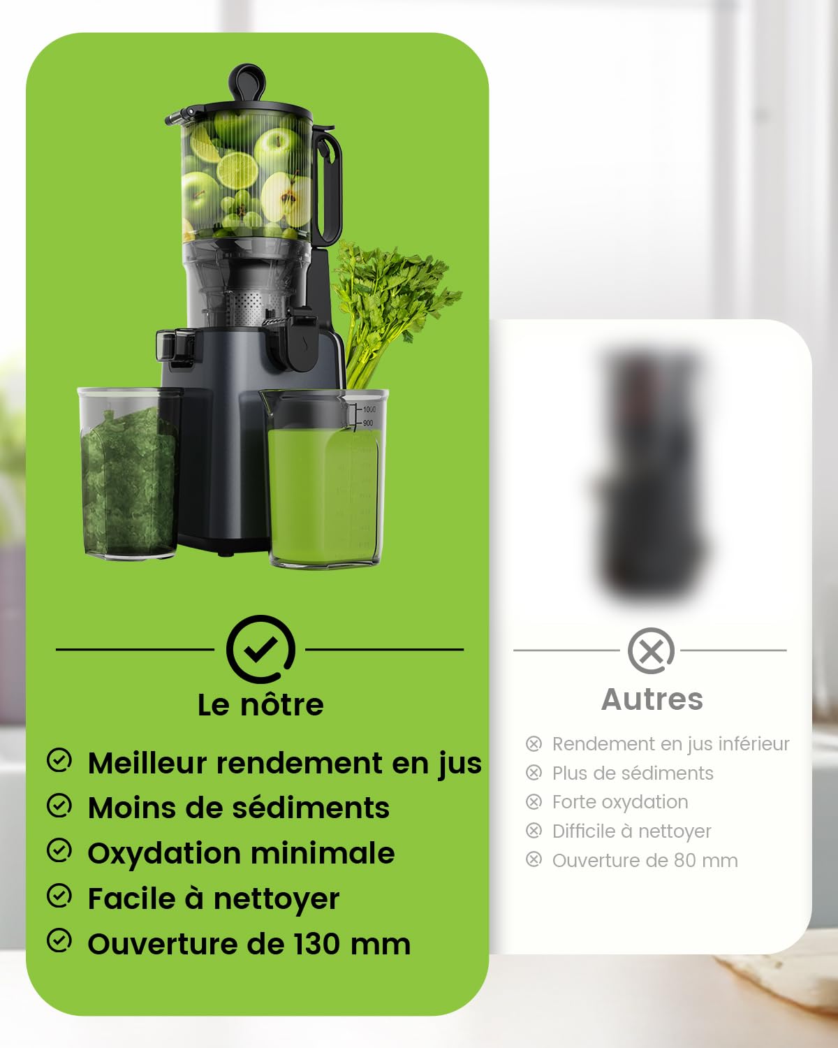 Slow Juicer, extracteur de jus de 130 mm et récipient à jus de 1,8 l, presse à froid pour légumes et fruits entiers, facile à installer et à nettoyer, sans BPA