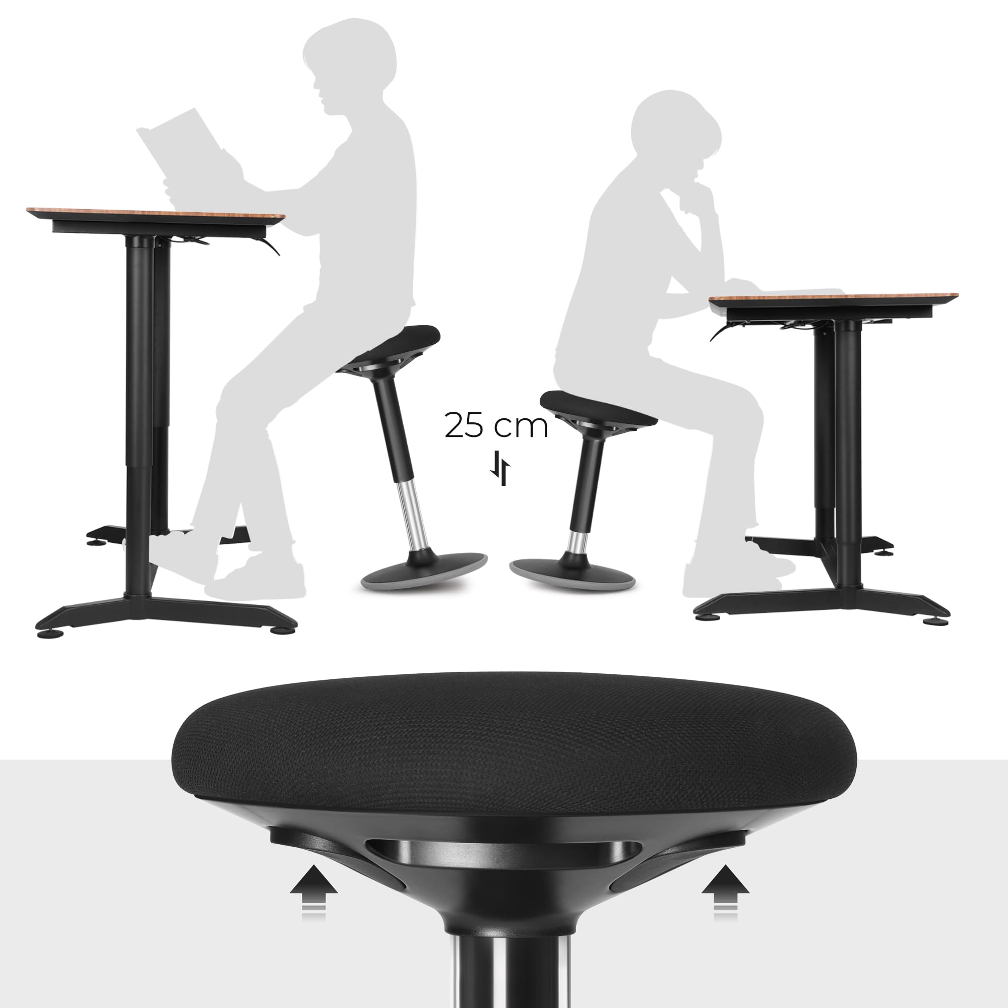 SONGMICS Dynamischer Sitzhocker, Stehhocker, Arbeitssitz, 360 ° drehbar, ergonomisch, höhenverstellbar 56-81 cm, einfache Montage, Schwarz OSC05BK