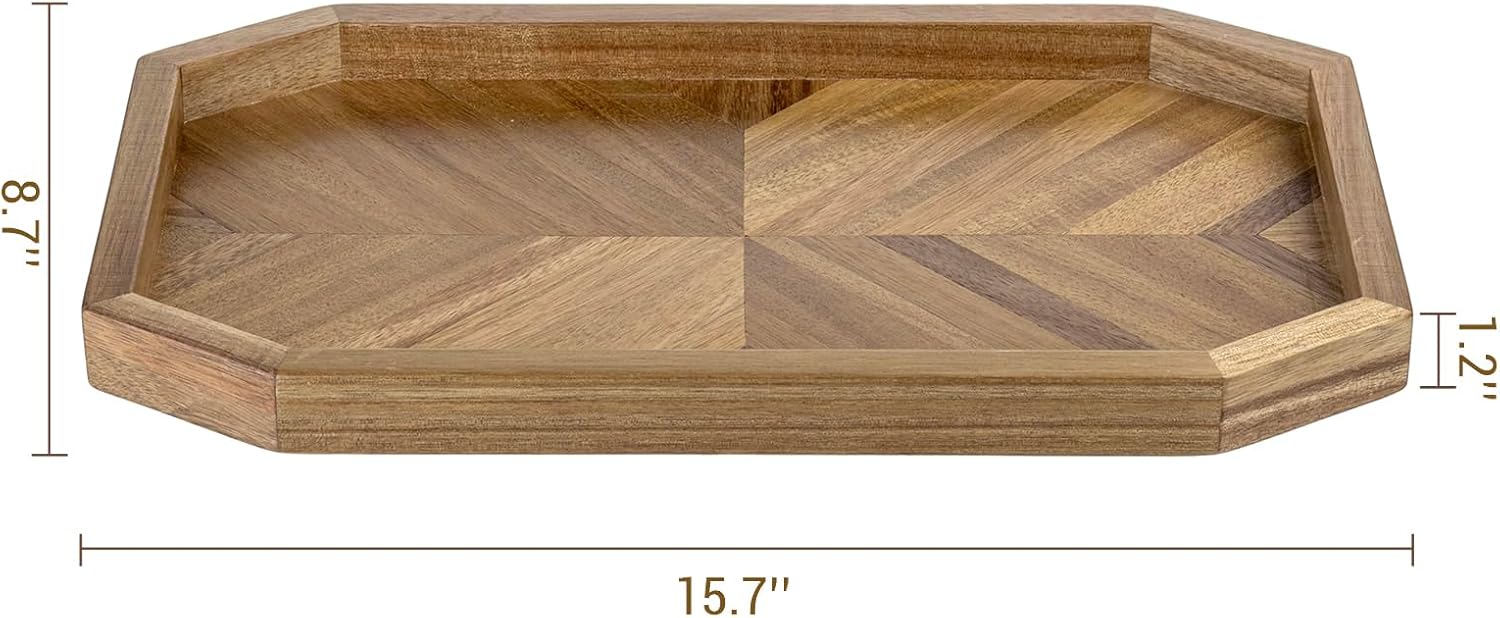 MyGift 15.7 Inch Chevron Design Premium Solid Acacia Wood Octagonal Decorative Vanity Tray – Elegant Serving Tray, Stylish Home Décor for Bathroom, Bedroom & Living Room
