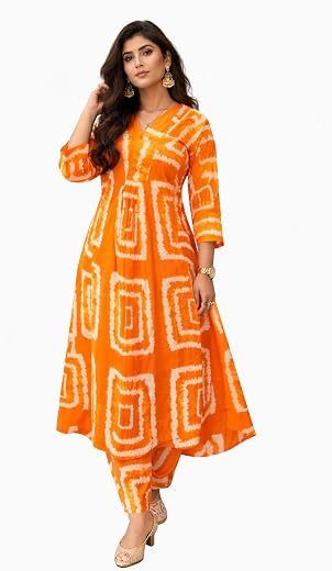 KULCHANIYA Women Floral Printed A-Line Kurta Set with Pants Pink/Orange