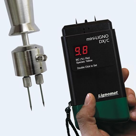 Lignomat mini-Ligno DX/C - Professional Pin Type Wood Moisture Meter for Firewood, Concrete, Subfloors, OSB, Drywall, Flooring with LED Display & 46 Settings - with Electrode E12 Cable, Pins and Case