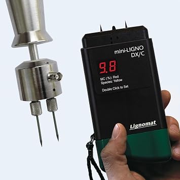 Lignomat mini-Ligno DX/C - Professional Pin Type Wood Moisture Meter for Firewood, Concrete, Subfloors, OSB, Drywall, Flooring with LED Display & 46 Settings - with Electrode E12 Cable, Pins and Case