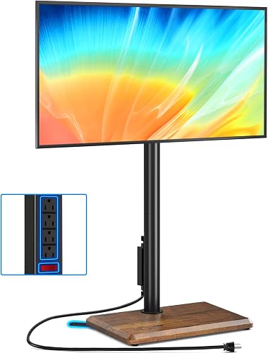 Rfiver Swivel Floor TV Stand with Power Outlet for 32-60 inch TVs, Height Adjustable Tall TV Stand with Wood Base, Hold Up to 88lbs, Saving e Design for Bedroom, Living Room and Corner (Brown)