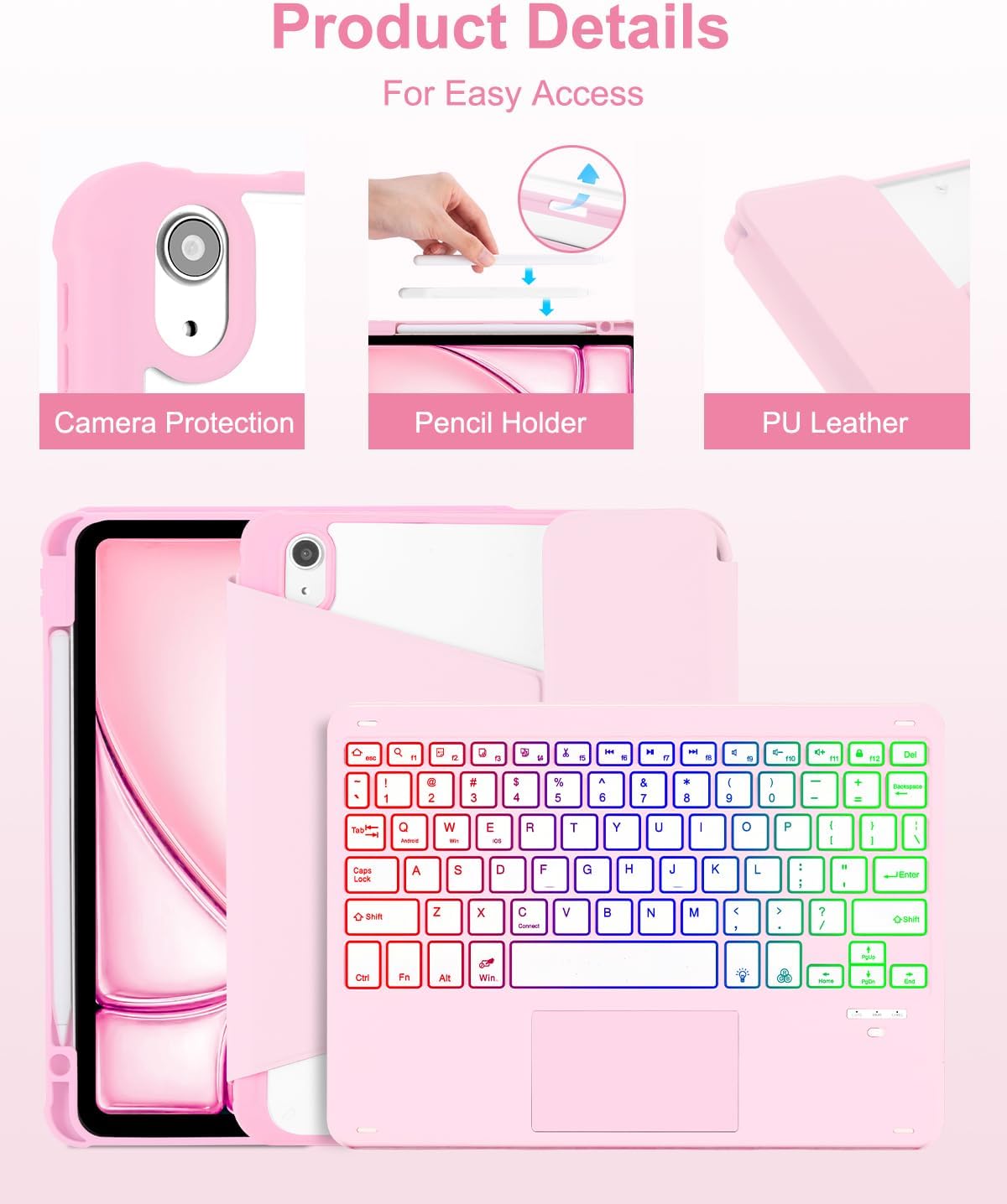 MePadKey Touchpad Keyboard Case for iPad Air 11 inch M3 2025/M2 2024 7th/6th Generation, 360 Rotation Cover with Wireless Backlit Detachable Keypad for Air 10.9" 5th 4th 4 5 6 7 Gen, Pink