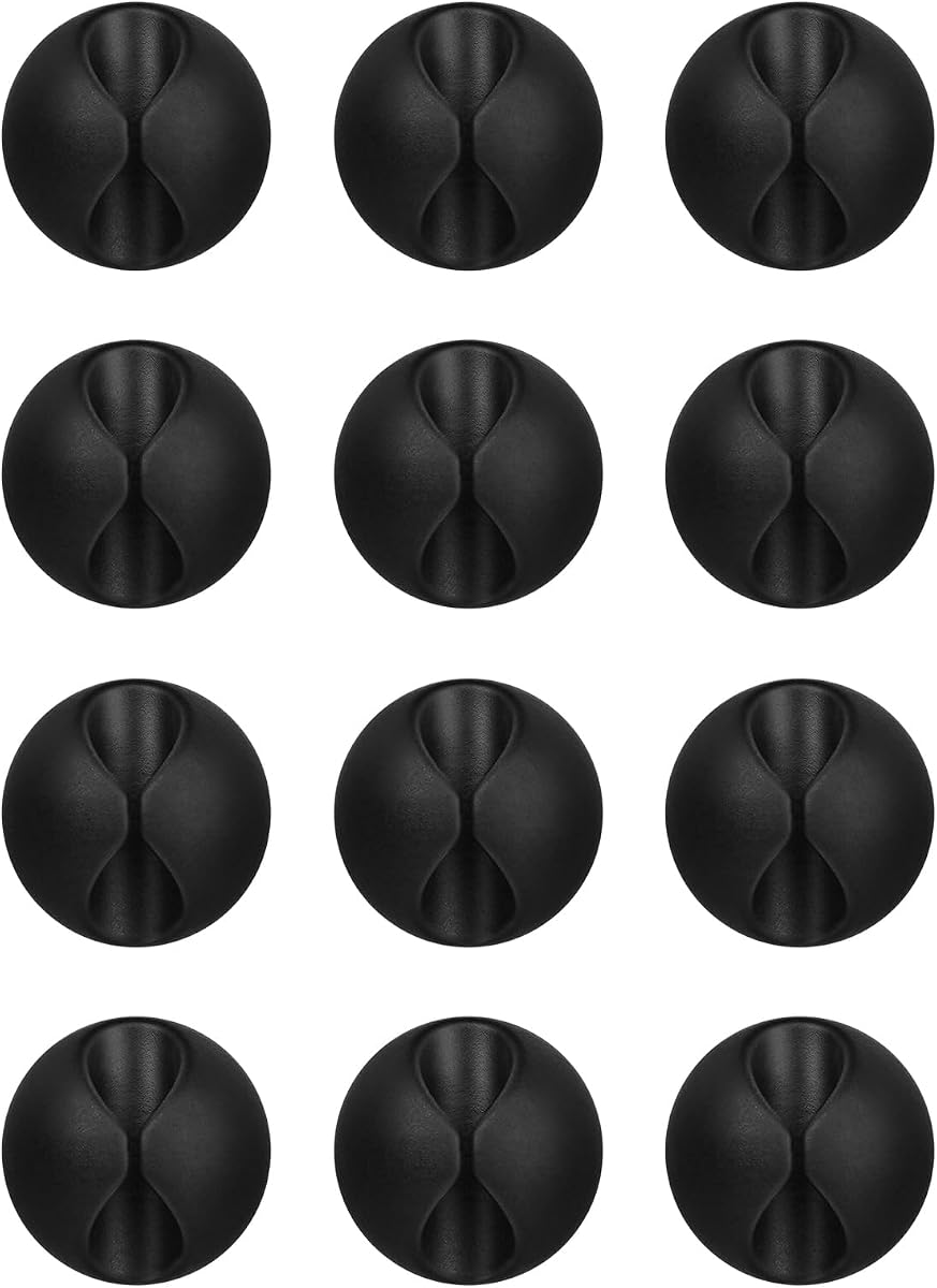 Flezoo 12PCS Black Adhesive Cable Clips Cord Organizer for Wire Management | Residue-Free Strong Adhesive, No-Drill Install, For Charger Headphone Cords, Home Office Desk Car Nightstand, Wire Organizer