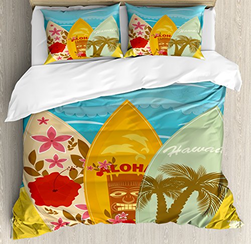 Ambesonne Tiki Bar Duvet Cover Set, Hawaiian Beach Surfboards on The Sand Exotic Summer Vacation Sport Vintage Style, Decorative 3 Piece Bedding Set with 2 Pillow Shams, Queen Size, Blue Mustard