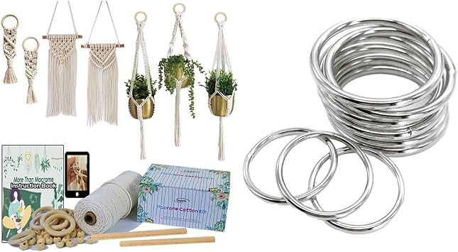 Ewparts Macrame Kits for Beginners with Instruction Book Macrame Plant Hanger Kit + 2 inch Metal Rings Welded Metal Rings for Craft