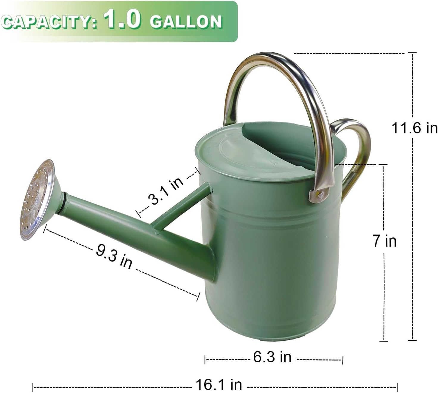 Watering Can for Outdoor&Indoor Plants，1 Gallon Metal Watering Can with with Removable Spout，Galvanized Steel Garden Flower Water Can Plant Watering Pot with 2 Stainless Steel Handles，Cream Green