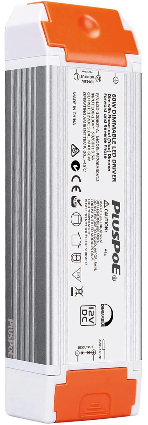 60W Dimmable LED Transformer, 12V Triac ELV/MLV/Dimmable Led Driver, Compatible with Lutron & Leviton Switches, AC to DC 12V 60W Led Power Supply for Strip Light, Flicker-Free Dimming