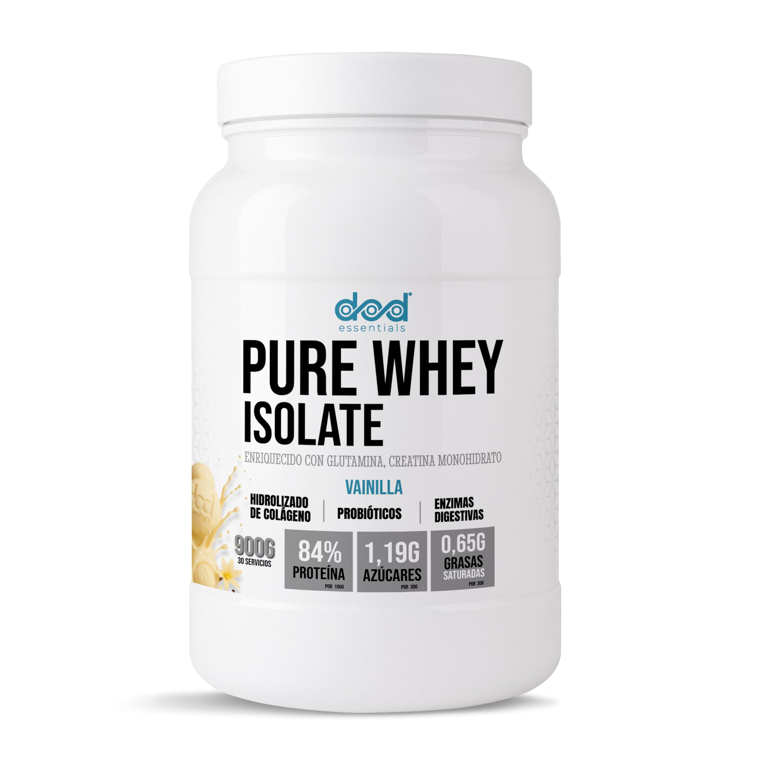 Pure Whey Isolate 84% proteína+Colágeno hidrolizado+Creatina+Glutamina Con probióticos y enzimas digestivas Baja en lactosa y azúcares Recuperación (Vainilla 900g)