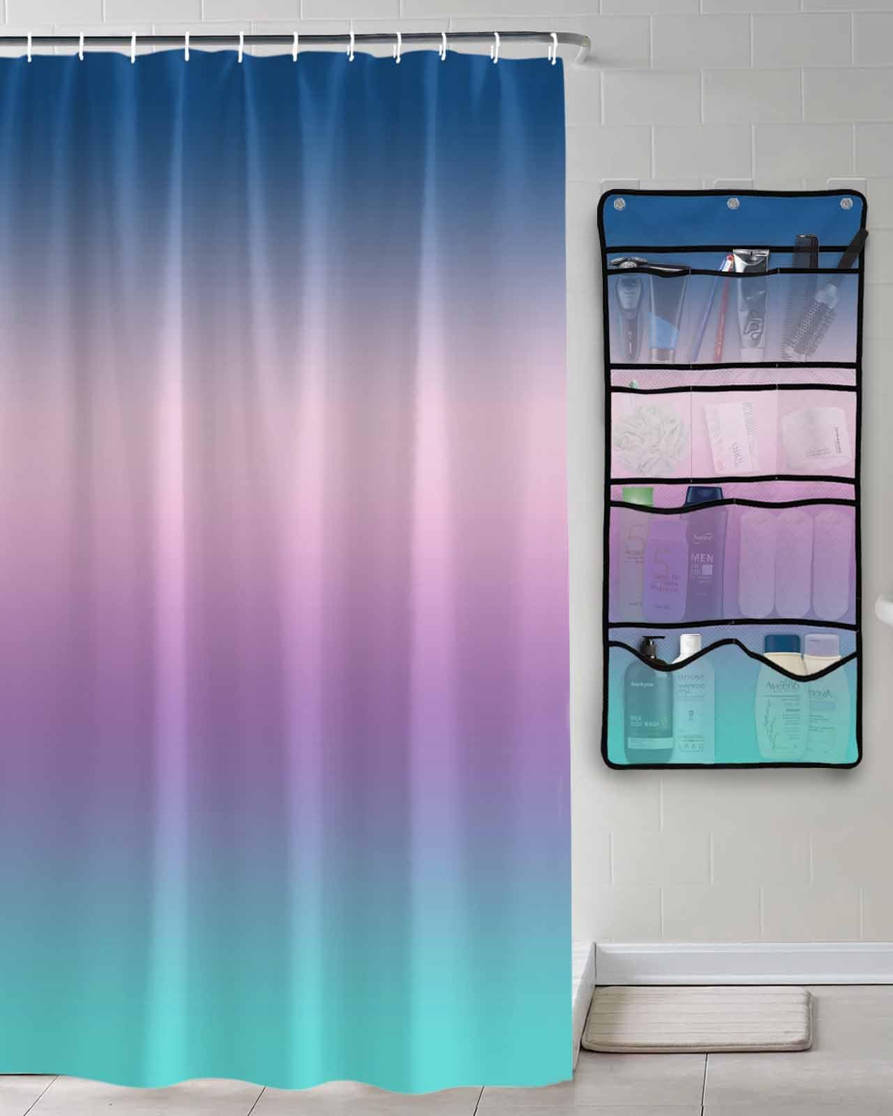 Shower Curtain Mesh Shower Organizer Hanging Set Blue Purple Pink Teal Gradient Waterproof Shower Curtains with 10 Pockets