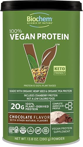 Biochem Proteína vegetal 100% vegana, chocolate, 11.4 onzas, fácil de digerible, amigable con KETO, aminoácido, arándano, semillas de cáñamo,