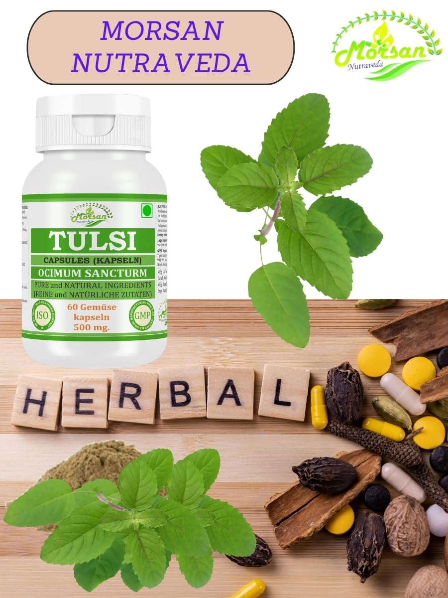 Tulsi (Ocimum sanctum, Basil) Extrakt mit 10:1 Stärke, 500 mg x 60 vegane Kapseln | Ayurvedisches Kräuterergänzungsmittel für Männer und Frauen (1 Flasche mit 60 Kapseln)