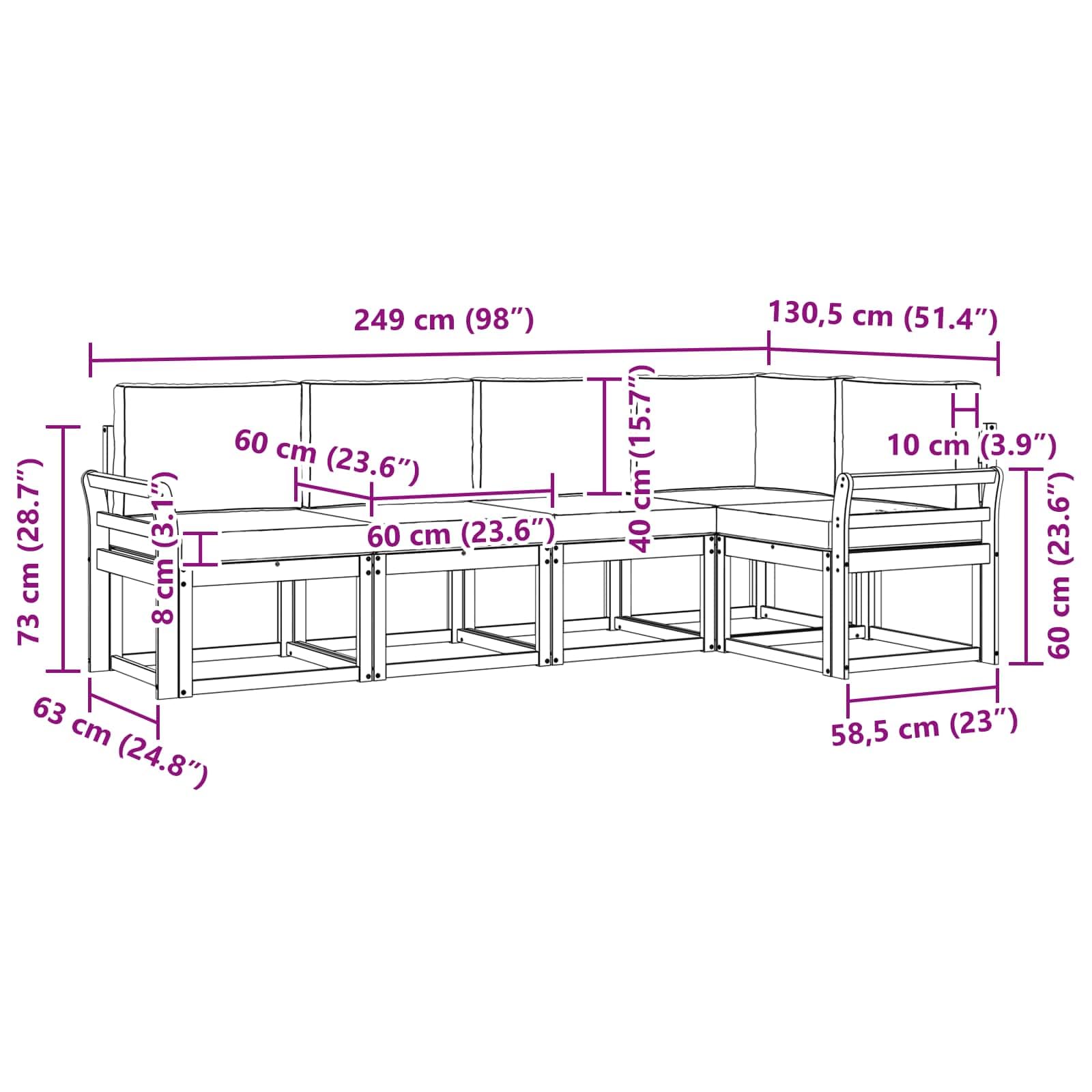 Juego de muebles de jardín de madera de acacia, conjunto modular de sofá para exterior, incluye cojín, juego de salón para jardín y terraza, 249 x 130,5 x 73 cm, color natural y beige
