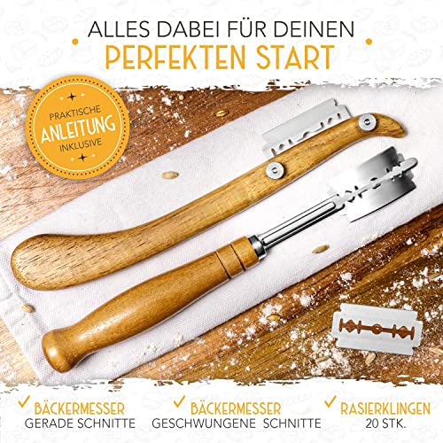 KRUSTENZAUBER Bäckermesser 2er Set [inkl. 20 Rasierklingen] - Teigmesser Set für gerade und geschwungene Schnitte - Ideale Brotklinge, Bäckerklinge, Teigritzmesser Lame, Brot Backen Zubehör