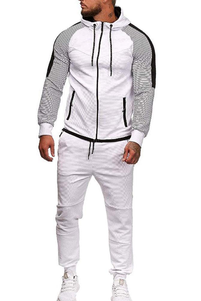Sportowy Garnitur Męski Pinstripe Splice Slim Fit Dres Modne Spodnie dresowe + Zestaw Bluza Z Kapturem Trend Zimowy, biały, L