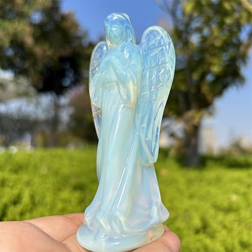 Miniatura 5 de Xzyycyj Estatua de ángel de cristal tallada de 4 pulgadas con piedra lunar opalita, bolsillo de paz, guardián curativo, estatua de ángel de cristal