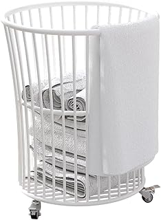 HeyDear ランドリーバスケット ホイール付き 金属製 洗濯かご ラウンド型 衣類収納 浴室ランドリールーム向け ホワイト (White)