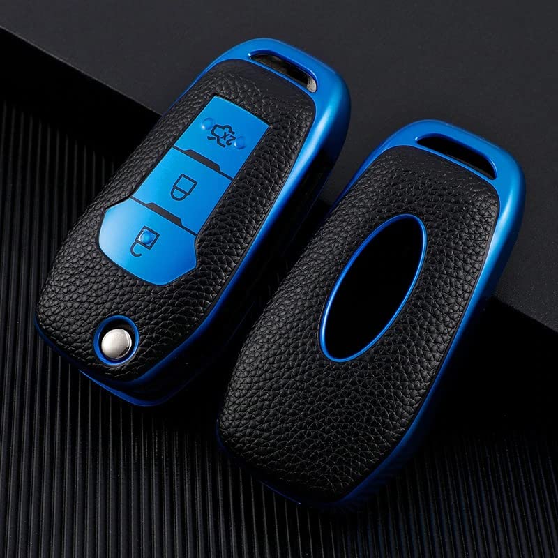 Image of JVCV Premium Soft TPU Leather Pattern Key Cover Compatible with Ford Endeavour Figo Aspire Freestyle 3 Button Folding Key (Blue).