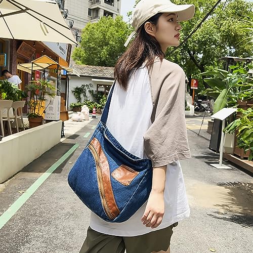 Image of Denim Purse for Women Men Tote Bag with Zipper Crossbody Blue Jean Purses Canvas Shoulder Bag Hobo Handbag