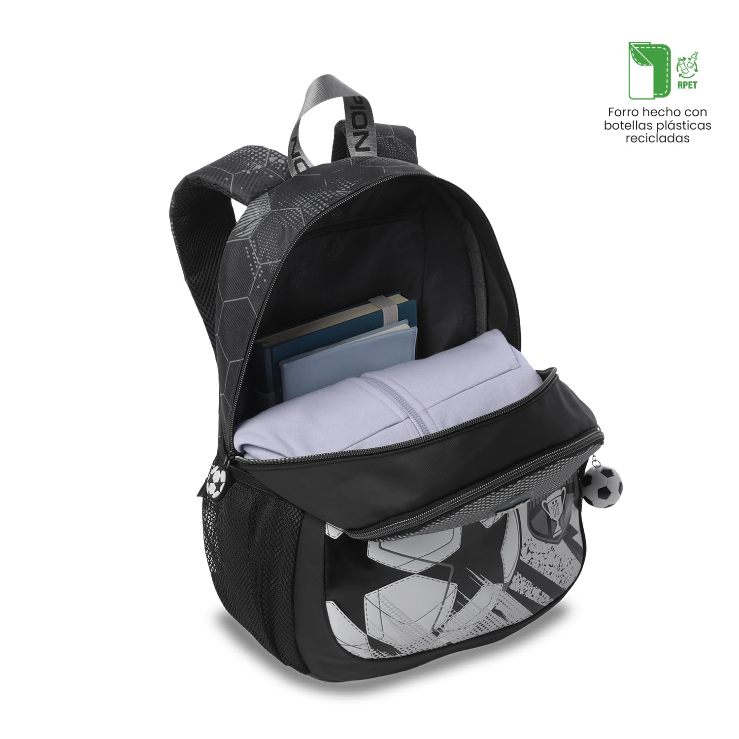 TOTTO - Mochila Escolar, Modelo Champion M, Mochila Mediana, Capacidad 18 L, Compartimento Delantero, Bolsillos Botella, Organizador Interno, Correas Acolchadas, Resistente y Duradera, Estampado Negro
