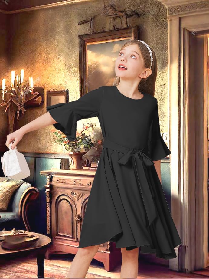 Girls Bell Sleeve Dresses Belt Formal Fit Knee High Modest Big Kids Midi Cap Shoulder Teen Casual Dresses for Girls4