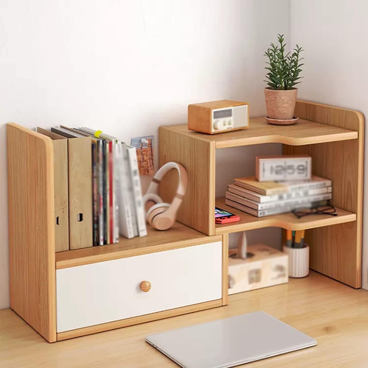 ZQDUFEA 2 Layers Desktop Bookshelf Adjustable Desk Storage Organizer Display Shelf Rack with 1 Drawers Corner Bookcase