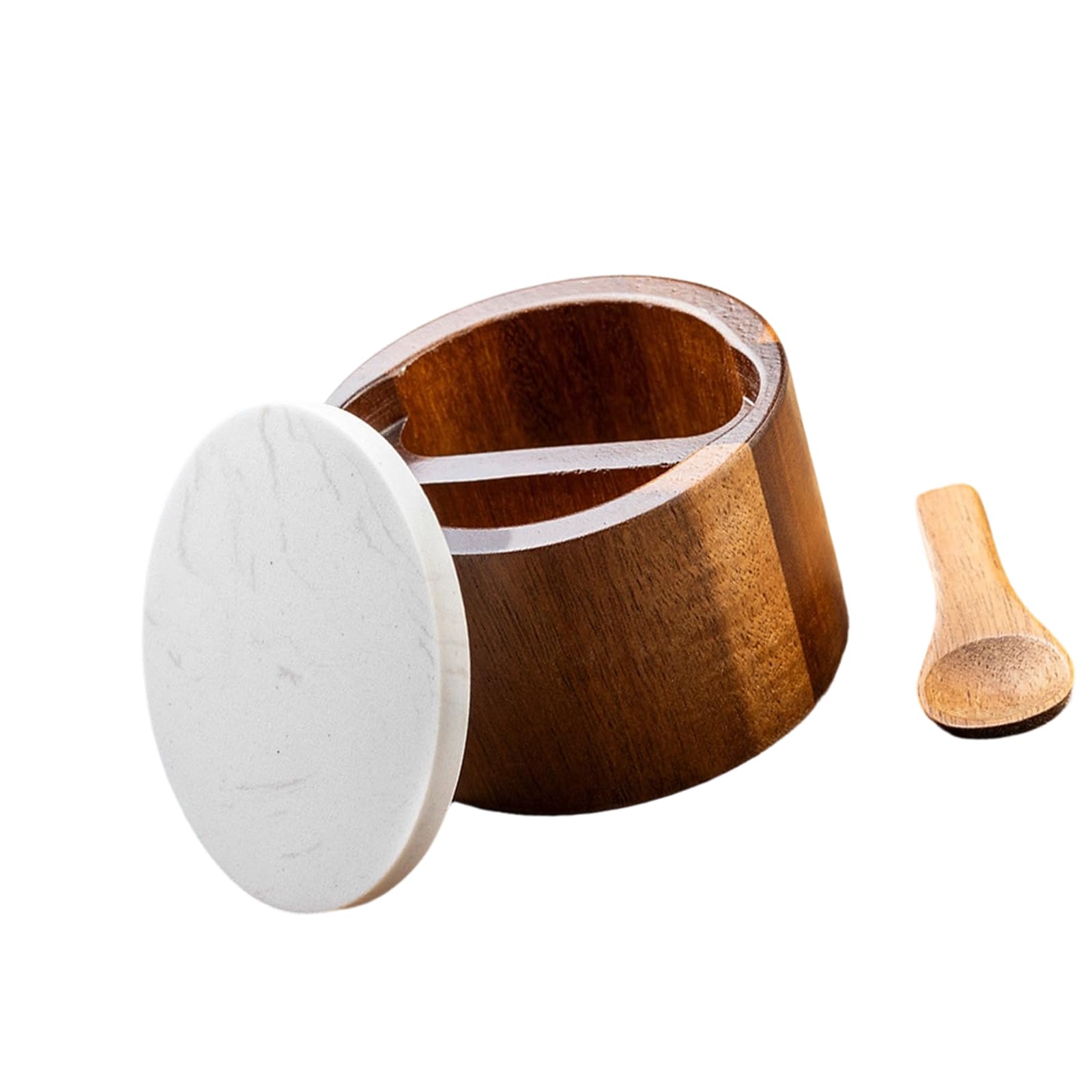 ZEPFJHE Handcrafted Wooden Condiment Holder with Stone Lid and Spoon for Seasoning Meal Cart Kitchen Planner