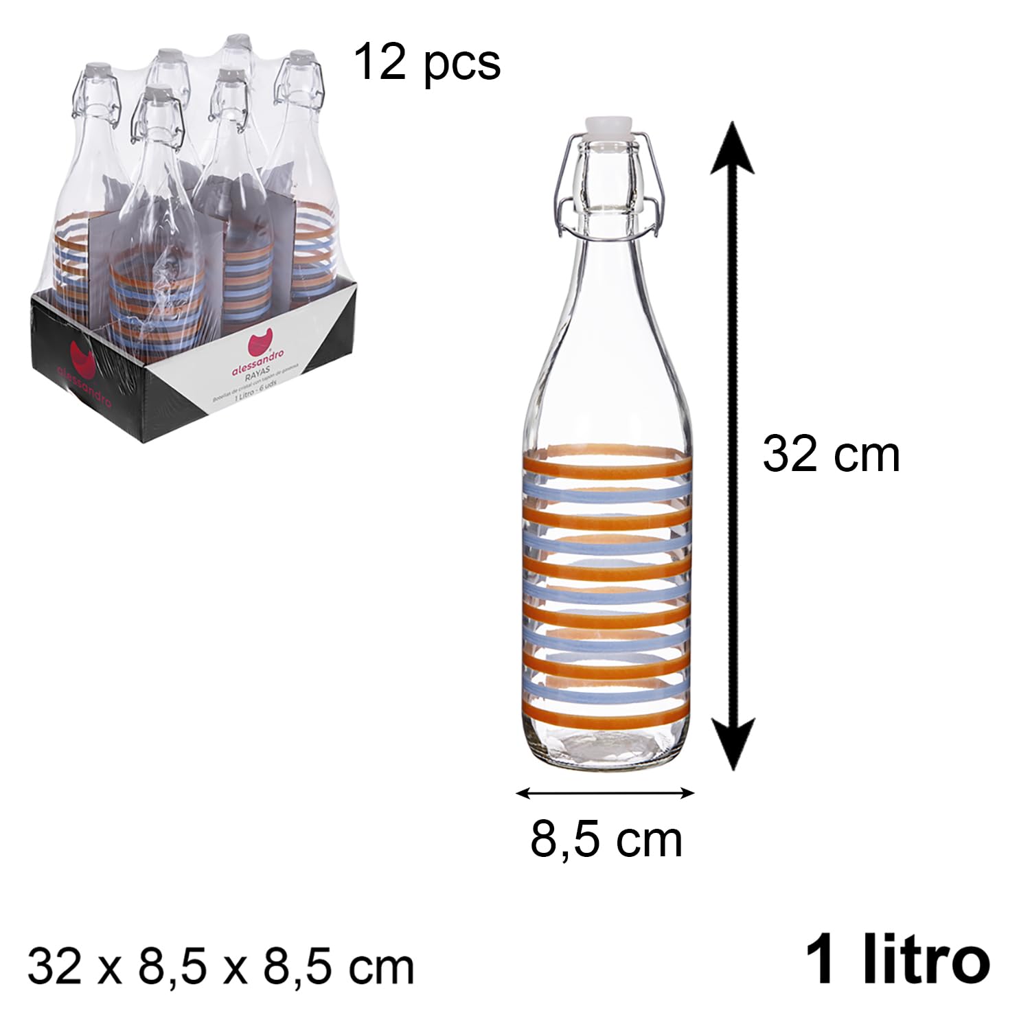 TWO TIGERS Botella de Cristal 1L| Tapón Gaseosa | Pack 12 Unidades | Botellas Agua Licor Refrescos Manualidades | Hosteleria Celebraciones Fiestas Bar Restaurantes Hoteles (Rayas 1L 12ud)
