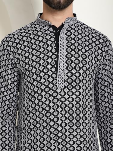 Image of SOJANYA (Since 1958 Men's Cotton Gold Embroidered Sequinned Kurta With white churidar Pyjama
