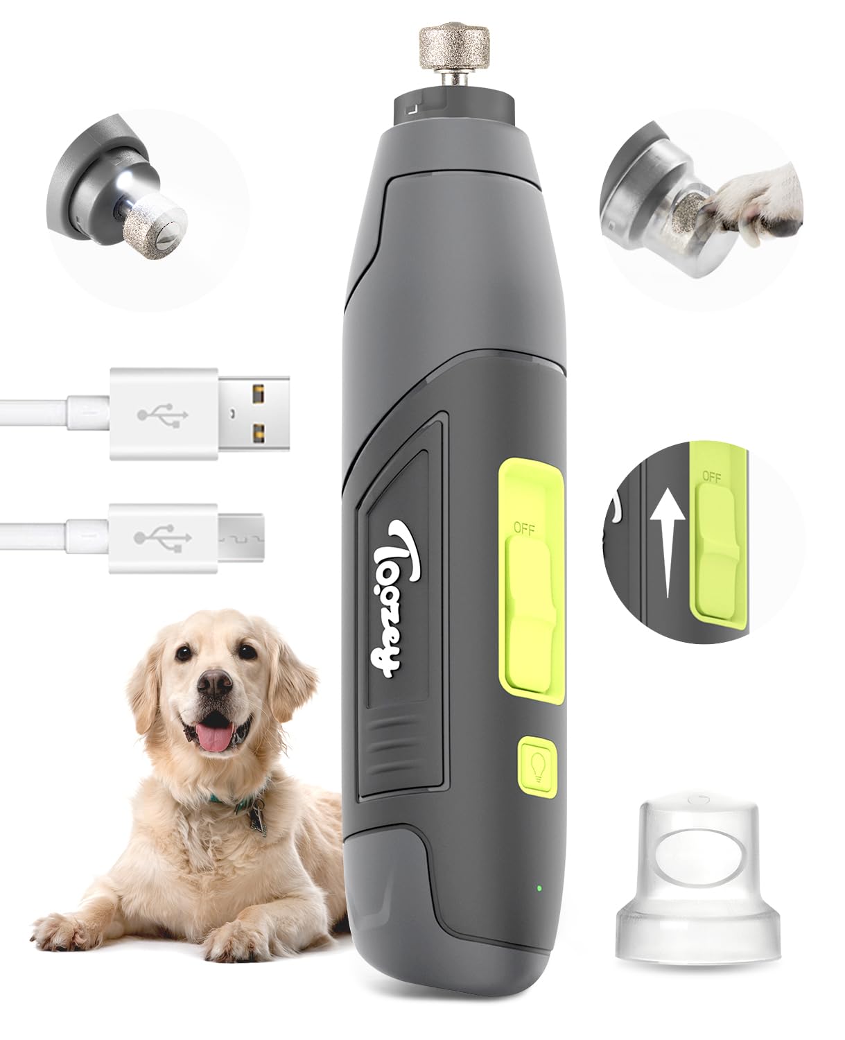 Toozey Dog Nail Grinder Upgraded to 3 Speeds with LED Lights - Rechargeable & Quiet Pet Nail Trimmer for Painless Paws Grooming, Professional for Small, Medium, Large Dogs and Cats