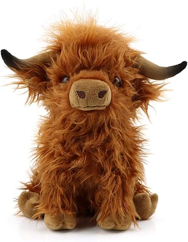Juguete de peluche de vaca de las tierras altas de simulación de 9.8 pulgadas, muñeca de peluche realista suave de ganado escocés de las tierras