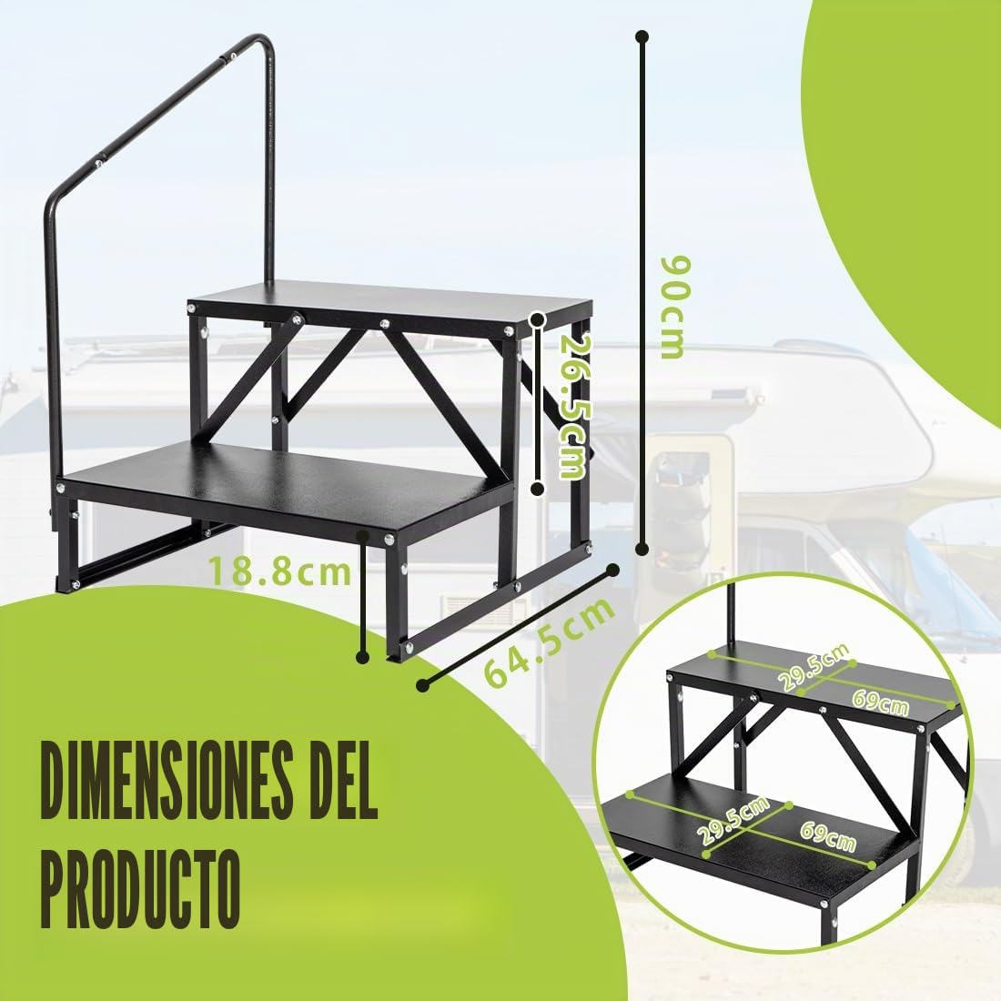 Escalera antideslizante, dos peldaños, pasamanos, escalones de hidromasaje, 2 niveles para autocaravanas, camping, remolques