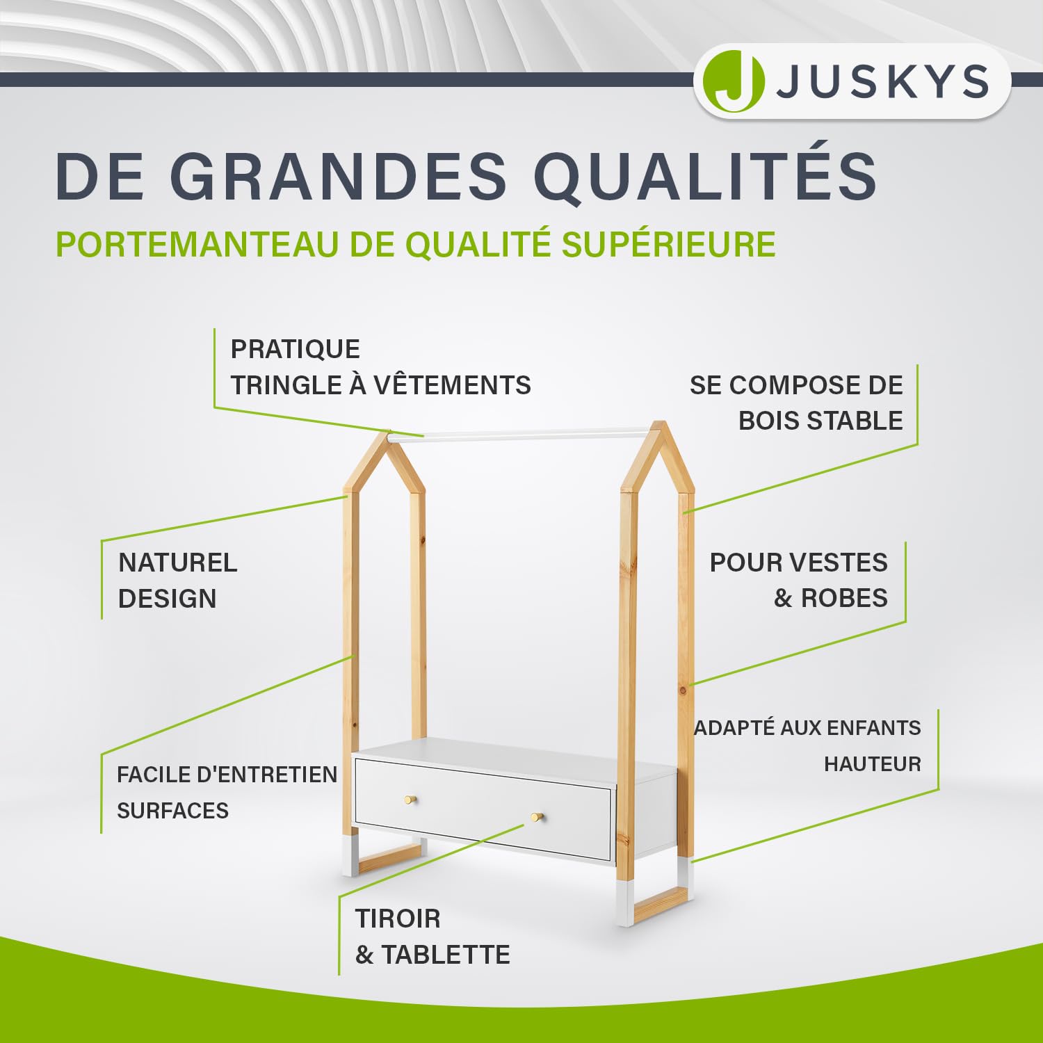 Juskys penderie Filla pour Enfants - Grand tiroir, Tringle à vêtements, étagère Ouverte - portemanteau en Bois pour Enfants - Filles et garçons - portemanteau Blanc