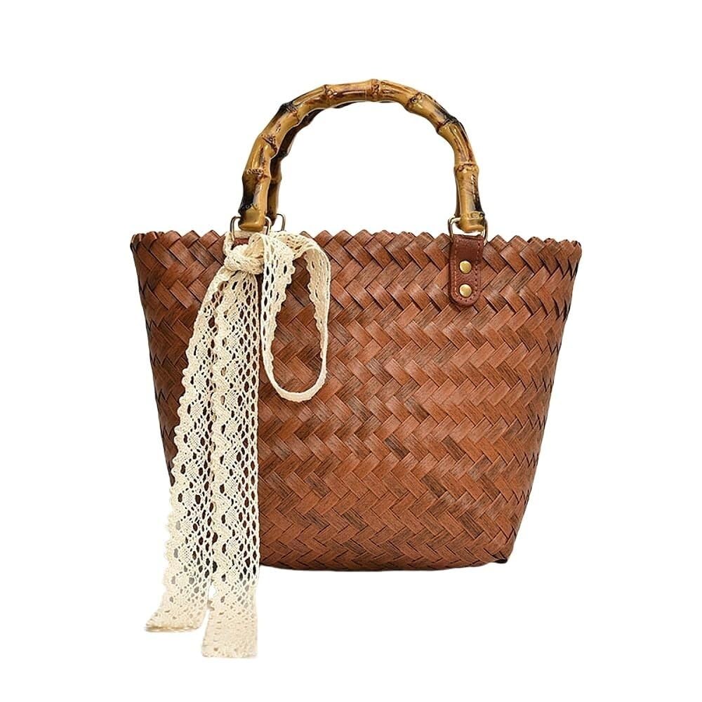 UQVUFIYJ New straw-woven handbag handbag retro woven handbag tote bag beach handbag Bamboo Handle Bamboo Strip Beach Bag Large Straw Tote Bag Shoulder Bag Woven Summer Handbag for Vacation(Large)