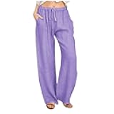 Borniu Women's Cotton Linen Pants Summer High Waisted Palazzo Pants Wide Leg Drawstring Elastic Waist Loose Comfy Trousers
