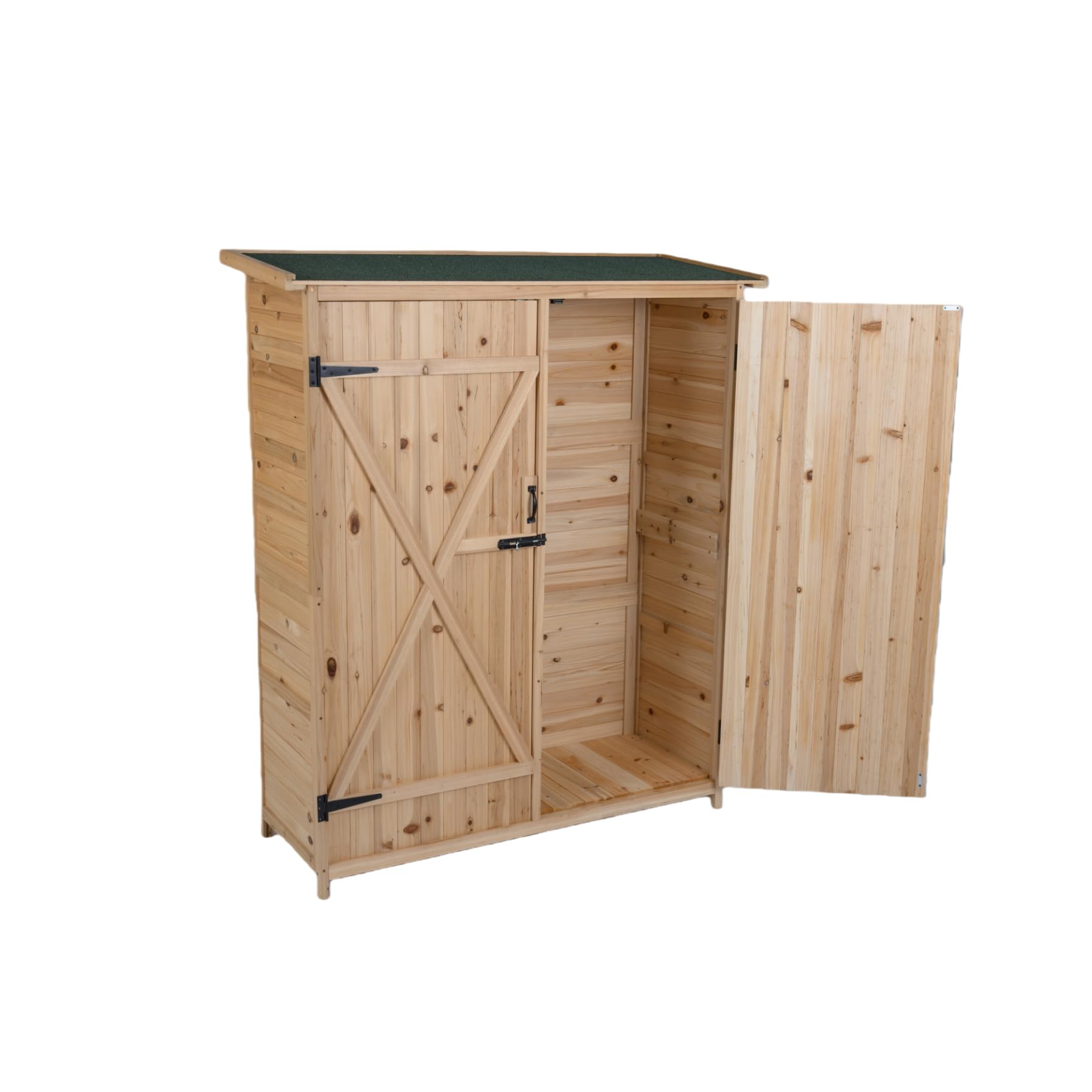 GOPLUS Caseta de Jardín 140 x 51 x 163 CM con Techo Inclinado de Asfalto, Caseta para Herramientas de Madera Maciza con Estantes Desmontables y Puertas con Cerradura, Cobertizo Exterior para Jardín