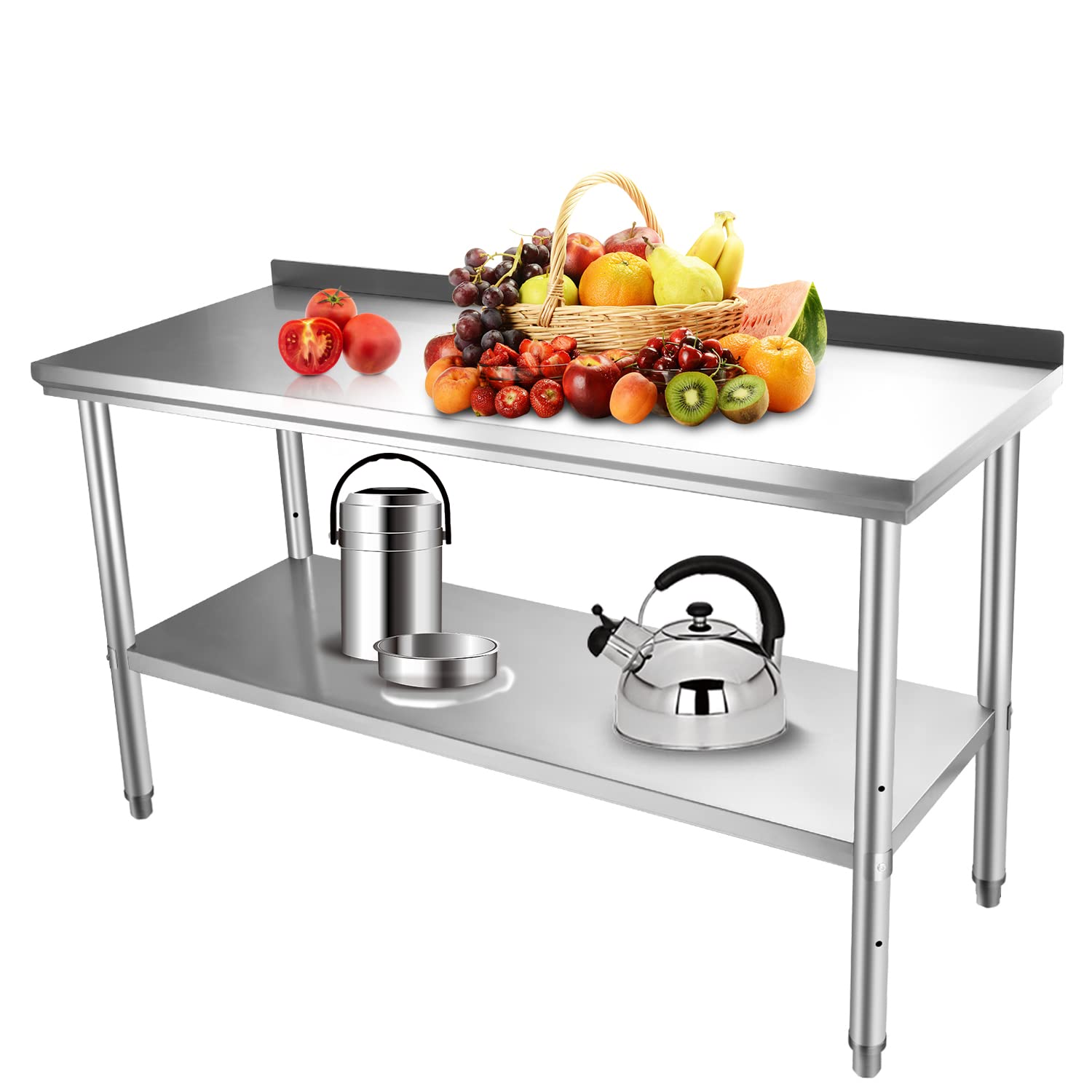 Mesa de trabajo de cocina de acero inoxidable con protector contra salpicaduras, 60 x 24 x 34 pulgadas, mesa de trabajo comercial de metal con estante ajustable, mesa de isla para cocina