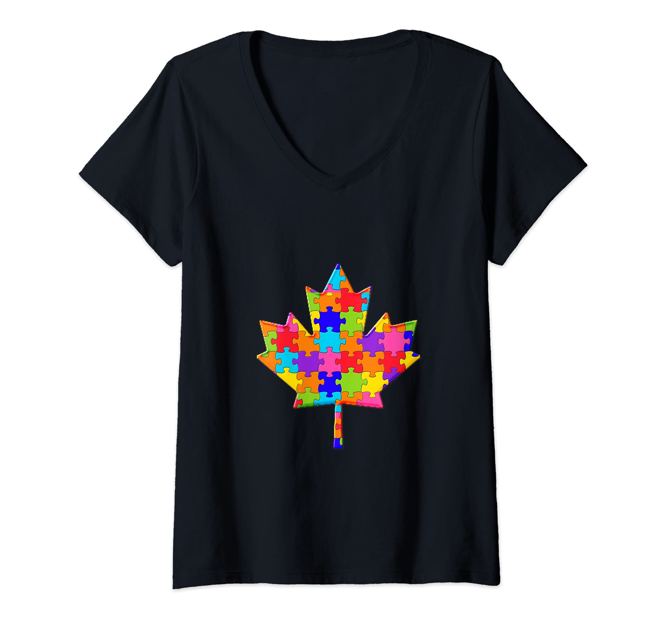 Womens Maple Leaf Canada Flag, Autumn leaves Jigsaw Autism Puzzle V-Neck T-Shirt