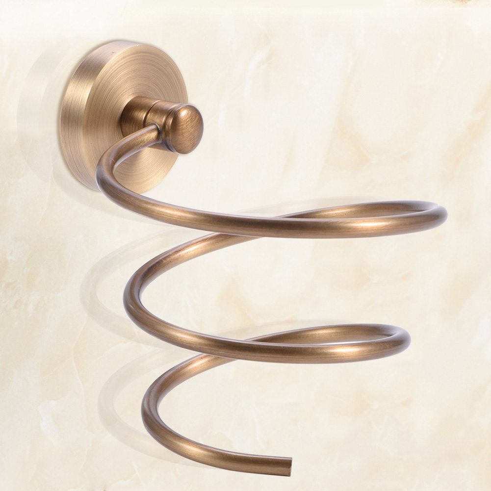 POCREATION Wall Mount Hair Dryer Holder, Antique Solid Brass Bathroom Hairdryer Organizer Rack Bathroom Storage Shelf