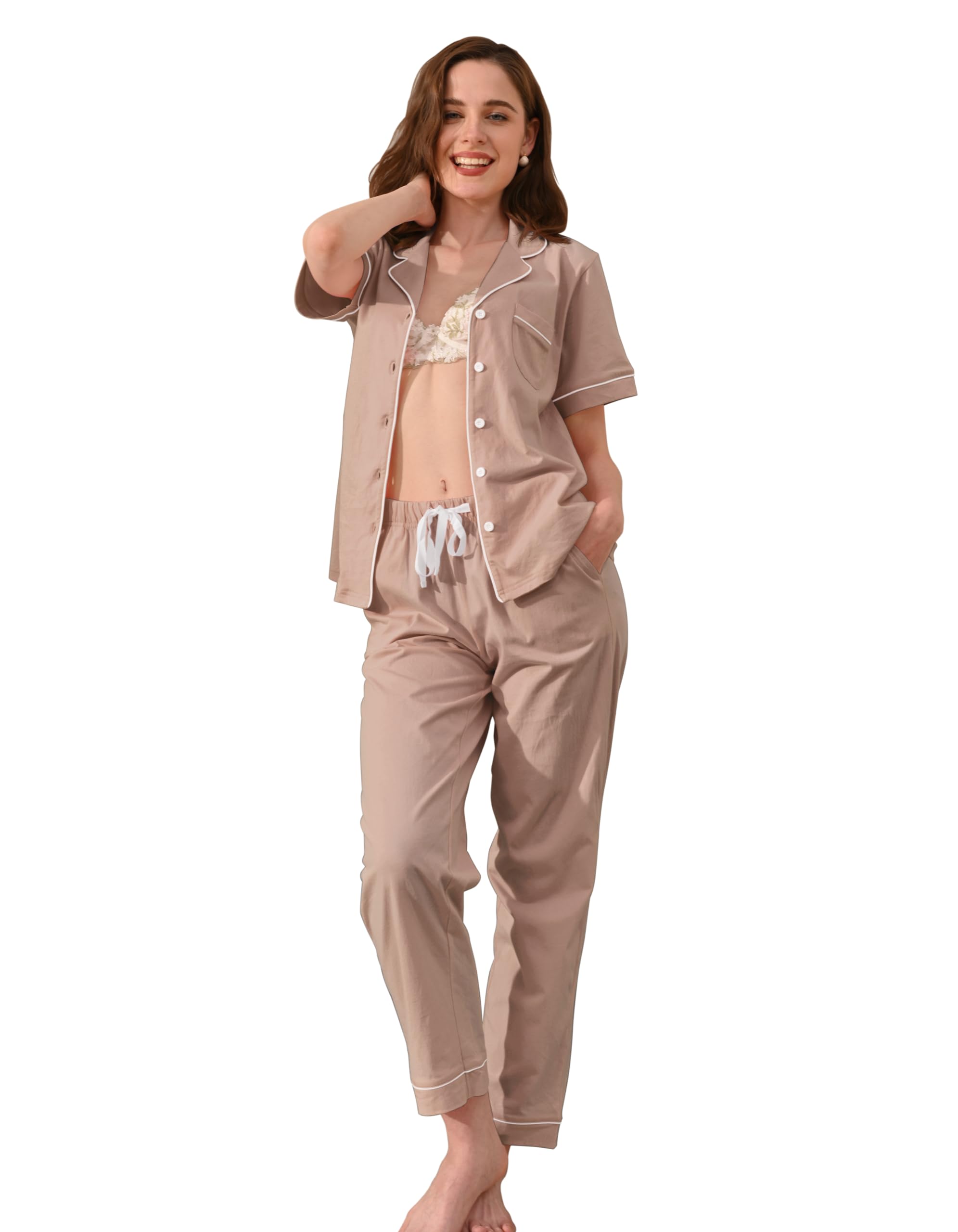 NAP BOUND 100% Cotton Women's Pajama Sets Short Sleeve Button Down Soft Pjs 2 Piece Lounge Set with Pocket Nightwear XS-XXL